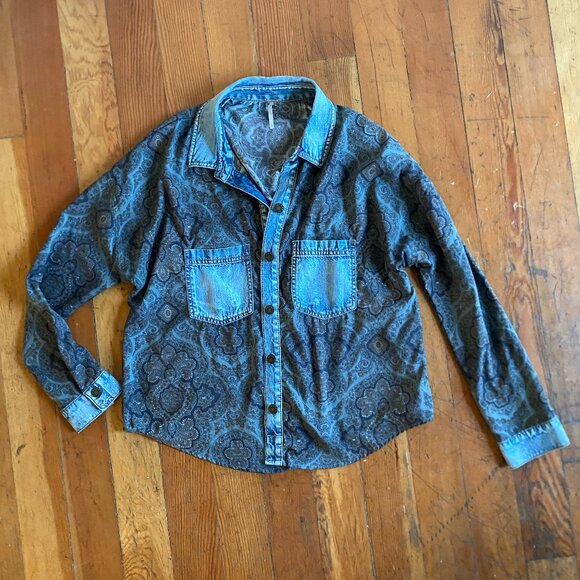 Free People denim and paisley print button-down shirt - Picture 2 of 5